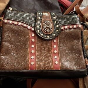 MC Brown & Black Faux Leather Shoulder Bag, Size 10”x8”x2”,